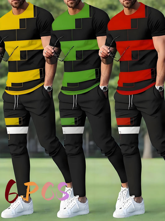 Color Block Casual Men's T-Shirt and Jogging Pants Set