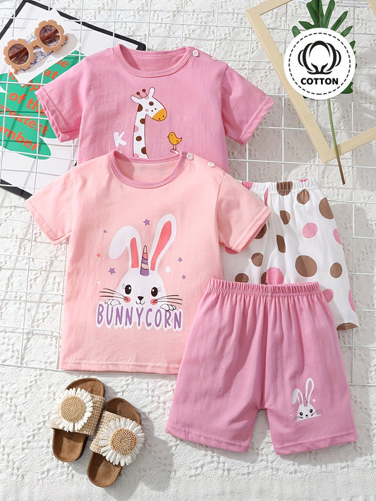 4 Pieces Summer Set Comfortable Breathable Children's Short Sleeve Set New Girls Clothes T-Shirt Baby Beach Summer Clothing Kids Easter Gift for Outdoor