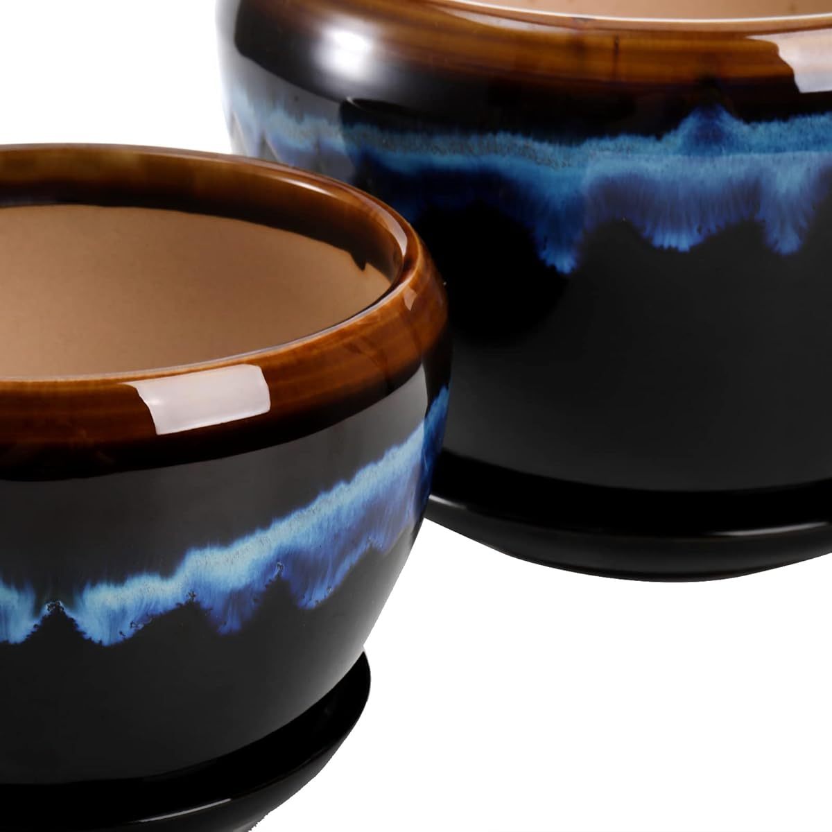 3 Pack Rustic Ceramic Flower Pots with Drip Glaze Finish Round Irregular Planters with Drainage Holes and Saucers Rust Resistant Indoor Outdoor Pots for Succulents Herbs Cactus Orchids Home and Office Decor Extra Large