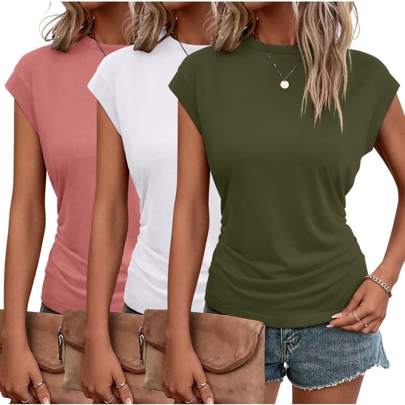3-Pack Women's Cap Sleeve Crewneck T-Shirts for Versatile Style
