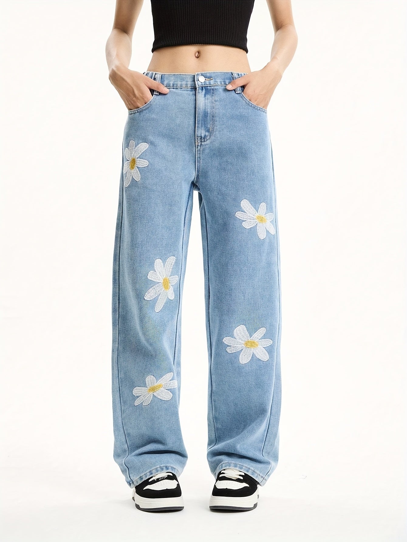 Teen Girls Vintage Loose Fit Floral Print Denim Casual Jeans