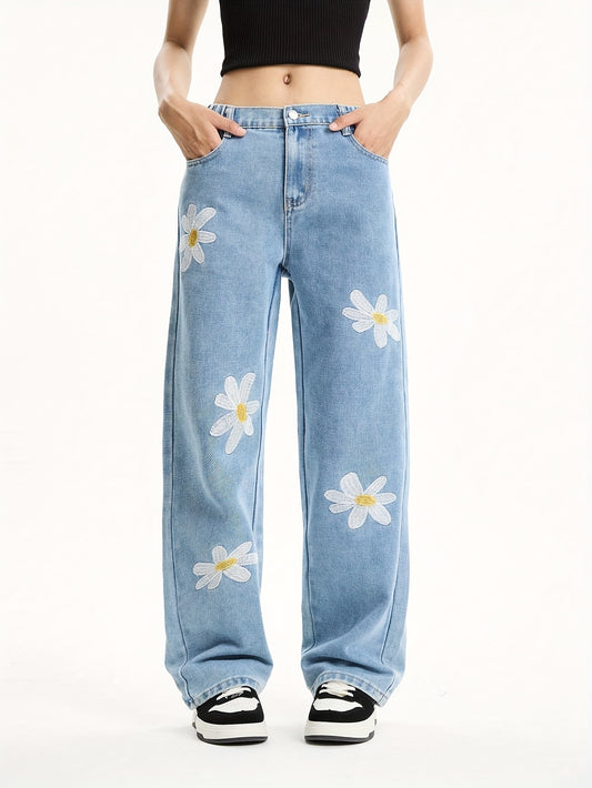 Teen Girls Vintage Loose Fit Floral Print Denim Casual Jeans