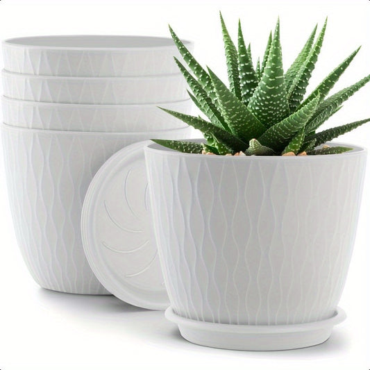 6 Inch Ceramic Plant Pots with Drainage Holes and Saucers for Indoor and Outdoor Plants Pack of 5 White Vintage Design