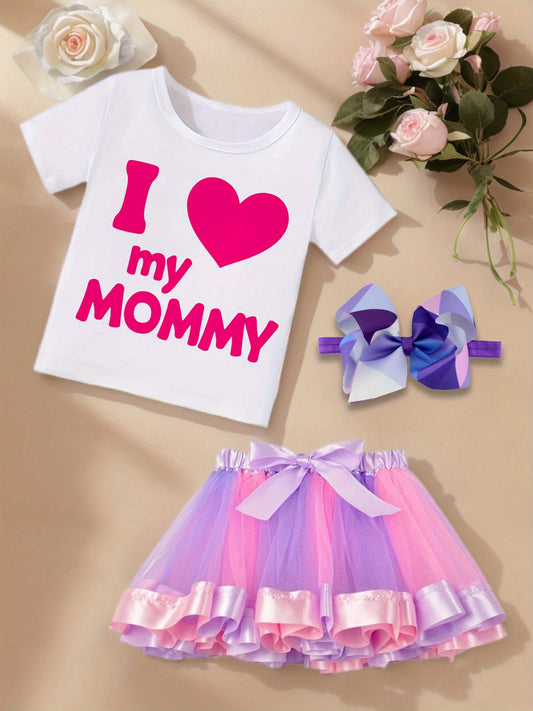 Girl I Love My Mommy T-Shirt Tutu Skirt And Headband Set Pink And Purple Outfit For Girls
