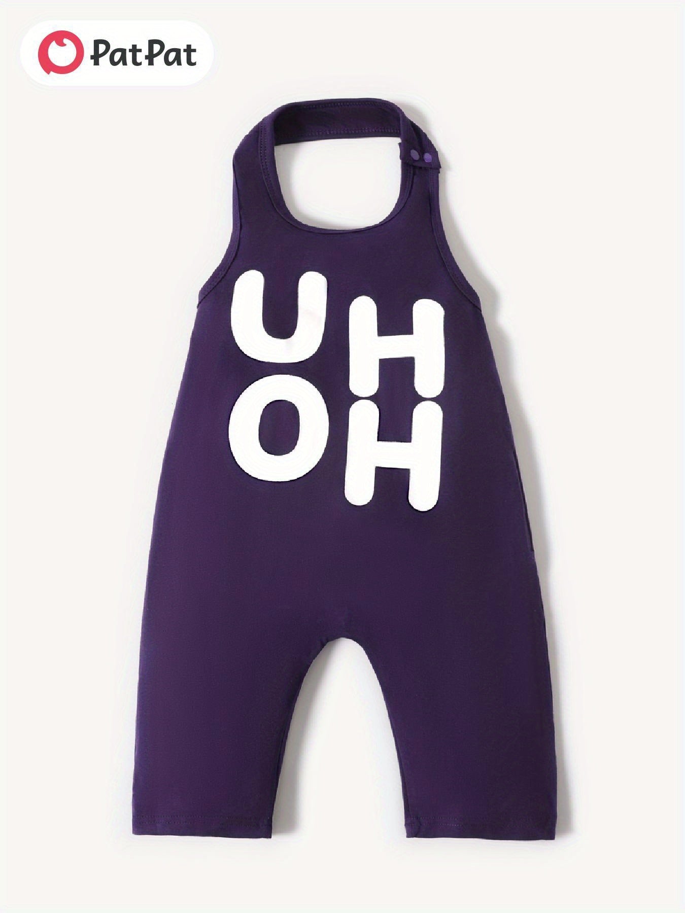 Stylish PatPat Baby Girl Boy Loose Letters Print Sleeveless Summer Backless Halter Jumpsuit for Outdoor Use