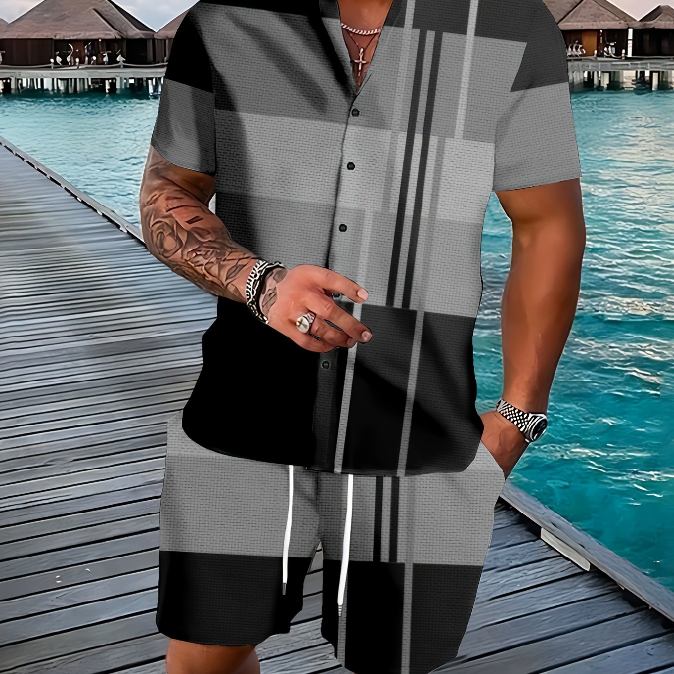 Men's Graphic Plaid Shirt Set for Casual Outdoor Style