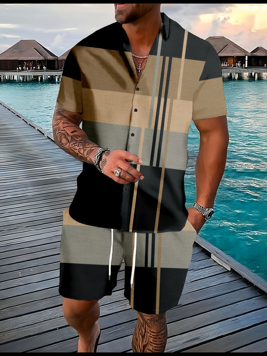 Men's Graphic Plaid Shirt Set for Casual Outdoor Style