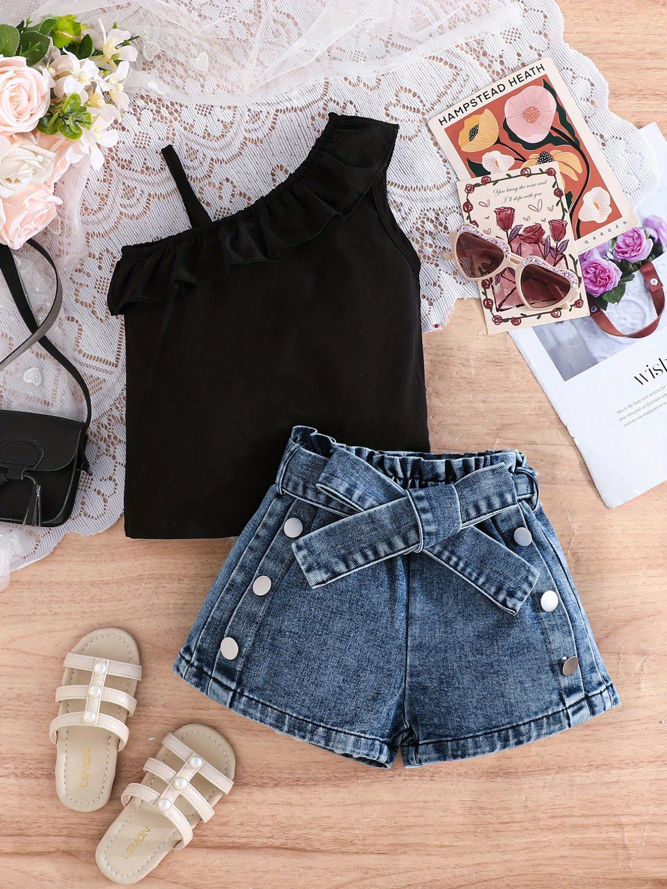 Summer Outfit for Girls Aged 3 to 7 Two-Piece Set with Asymmetrical Off-Shoulder Ruffle Top and Distressed Denim Shorts with Bow Details